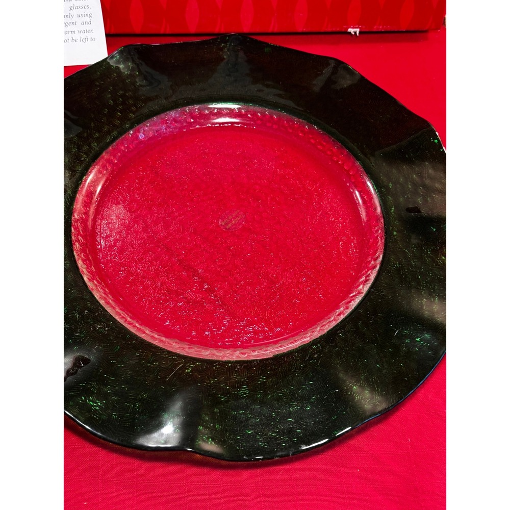 Vintage Emerald Ribbon 13" Glass Charger Plate Green Ruffled Rim Hand Painted - Picture 5 of 5